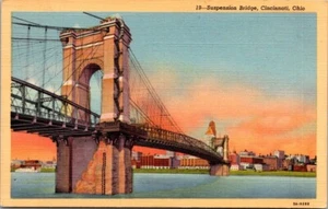 Suspension Bridge Cincinnati Ohio Linen Postcard - Picture 1 of 2