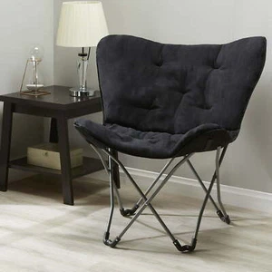 Soft Folding Butterfly Chair Portable Faux Fur Microsuede Cushion Lounge Black - Picture 1 of 5