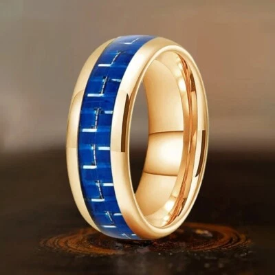 8MM Tungsten Carbide Ring Band Blue White Carbon Fiber Inlay Dome Polish Comfort - Image 1 of 4