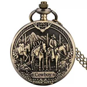 Vintage Cowboy Pattern Quartz Pocket Watch with Necklace Bronze Chain Mens Gifts - Picture 1 of 12