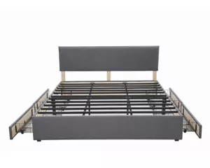 72" x 80" Fabric Grey Bed Frame with Headboard Platform Bedframe with 4 Drawers - Picture 1 of 12