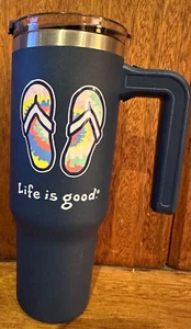 NWT. LIFE IS GOOD "TIE DYE FLIP FLOP" COMMUTER 25 oz. STAINLESS TUMBLER IN BLUE - Picture 1 of 4