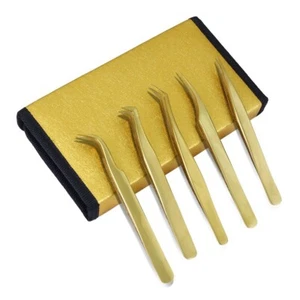 Set di pinzette oro estensione ciglia 5 pz per estensioni ciglia inox - Foto 1 di 3