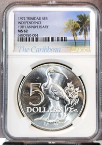 1972 TRINIDAD & TOBAGO SILVER 5 DOLLARS SCARLET IBIS NGC MS 62 RARE MINT STATE - Picture 1 of 3