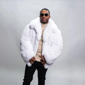 Men Hip Hop Style White Real Fox Fur Coat Winter Lapel Jackets Zipper Overcoat - Picture 1 of 8
