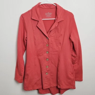 Jaqueta de malha Buda neon feminina tamanho S botão bolsos frontais algodão stretch - Imagem 1 de 4