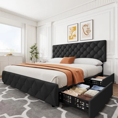 Upholstered Platform King Size Bed Frame with Adjustable Headboard＆ 4 Drawers - Image 1 of 4