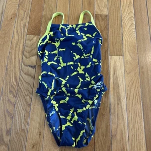 Speedo Endurance Wrack It Up Flyback One Piece Swimsuit Navy Yellow Gold Size 26 - Picture 1 of 6