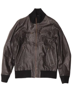 JACK & JONES Mens Bomber Leather Jacket UK 38 Medium Black Leather BU01 - Picture 1 of 3
