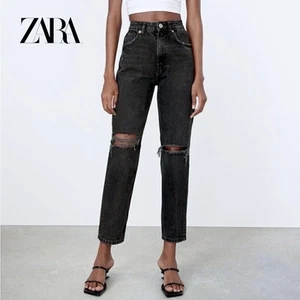 NWT Zara High Waist Crop Jeans 10 Black Distressed Knee Rip 100% Cotton - Picture 1 of 12