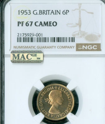 1953 GREAT BRITAIN  6 PENCE PCGS PF67 CAMEO PQ MAC 2ND FINEST GRADE & SPOTLESS . - Image 1 of 2