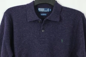 Polo Ralph Lauren 100% Lambswool Sweater M Polo Collar Purple Knit Chest Logo - Picture 1 of 7
