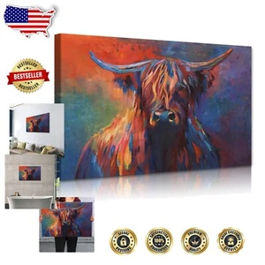 Modern Banksy Canvas Wall Art - Freedom Highland Cow 36"W x 24"H Giclee Print - Picture 1 of 9