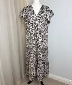 Commonry Brown Leopard Print Maxi Dress Size 16 Tiered Cotton - Picture 1 of 6