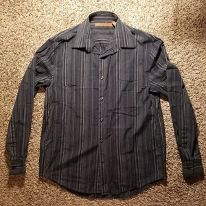 Men's Perry Ellis Size Medium Gray Striped Button Down Long Sleeve Cotton Dress - Picture 1 of 7