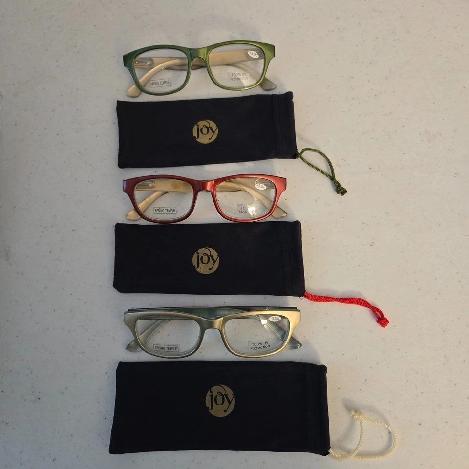 Gafas de lectura Joy Mangano Spring Temple protección UV + 3,00 nuevas doradas verdes rojas Foto 1 de 1