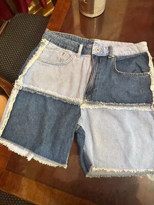 The Ragged Priest Infringement Denim Frayed Shorts/Jorts For Chic Patchwork 32 - Picture 1 of 4