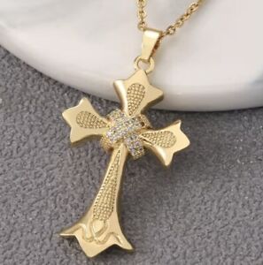 1pc 24k Golden Copper High-end Zircon Cross Pendant Necklace Religious Jewelry