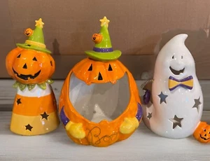 New! Kohl’s Large Ceramic Pumpkin Candy Dish & 2 Ghost & Pumpkin Tea Lights *H3 - Picture 1 of 8