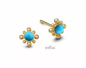 14K Gold 1.20 CT Turquoise Gemstone Floral Studs Earrings - The Jewelz - Picture 1 of 1