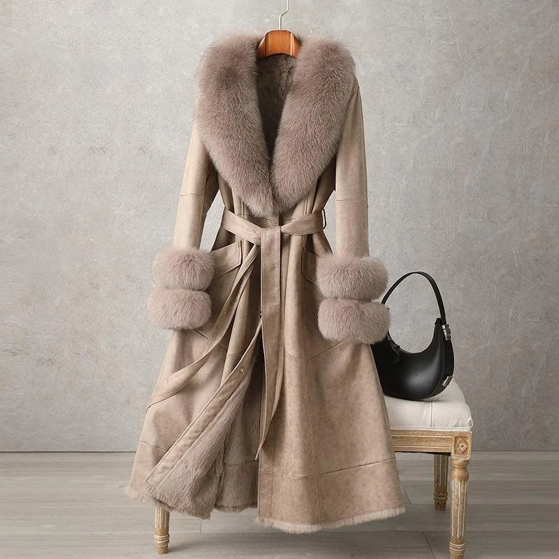 Rabbit Fur Coat 2024 Long Jacket Women's Imitation Fox Fur Collar Coat Slim Fit - Image 1 of 4