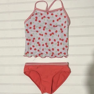Cat & Jack Girl’s Swimsuit Size 4/5 XS Red White Cherries 2 Piece Shirt Bottom - Picture 1 of 4