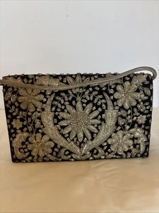 Vintage 1970s Black Velvet Clutch Rhinestone Floral - Picture 1 of 17