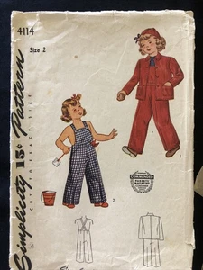 Vintage SIMPLICITY 4114 Toddler Child Sz 2 Overall’s Jacket Sewing Pattern 1930 - Picture 1 of 24