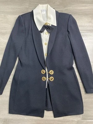 Vtg ST. JOHN  Santana Knit Blazer Size 4 Gold Buttons Black Removable Silk Colar - Image 1 of 4