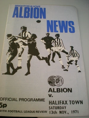 BRIGHTON & HOVE ALBION v HALIFAX TOWN, 13th NOV 1971,NO WRITING,STAPLES REMOVED. - Image 1 of 2
