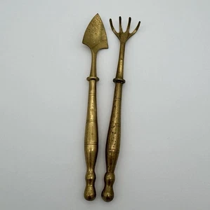 Vintage Solid Brass Mini Garden Tools Set Rake & Spade 7” Decorative Pair - Picture 1 of 12