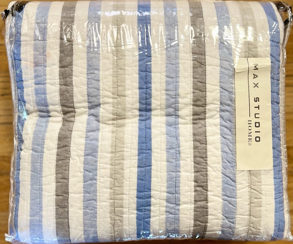 MAX STUDIO BLUE WHITE GREY STRIPES KING QUILT SET W / SHAM 3 PIECE COTTON - Image 1 of 1