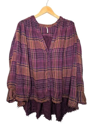 Túnica Free People Come On Over xadrez boho marrom tamanho pequeno - Imagem 1 de 4