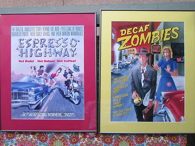 ¡ZOMBIES DESCAFEINADOS!  ESPRESSO HIGHWAY! ¡Ambos carteles de cafetería a la venta! Impresiones finas Foto 1 de 4