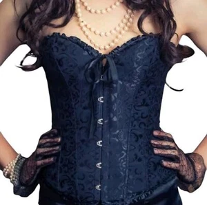 Women's Black Satin Jacquard Whimsygoth Renaissance Bustier Corset Top Size L - Picture 1 of 7
