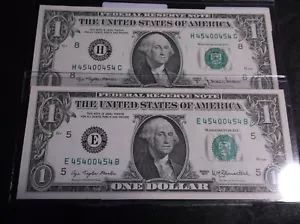 WOW! 2 MATCHING Trinary RADAR $1 FRN Series 1977/77 A FSN 45400454 - Picture 1 of 9