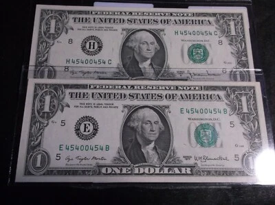 WOW! 2 MATCHING Trinary RADAR $1 FRN Series 1977/77 A FSN 45400454 - Image 1 of 4