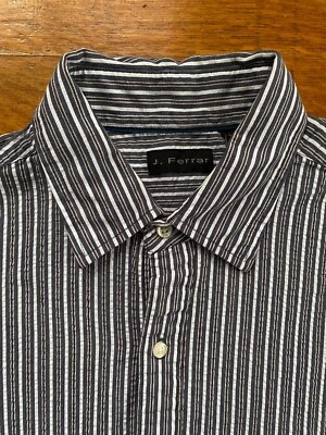 J Ferrar Grey Black Stripe Textured Boucle Mens Button Up Roll Tab Shirt Large - Image 1 of 4