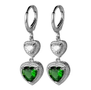 Love Double Heart Green Quartz White Topaz Gemstone Silver Dangle Earrings - Picture 1 of 6
