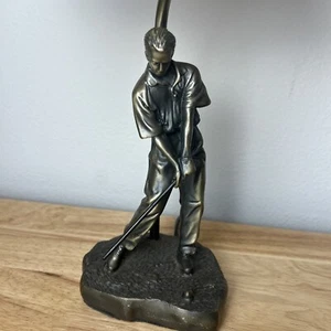 Solid Bronze Man Playing Golf Figure Brown/Gold Table Lamp w/Shade 19” - Picture 1 of 15