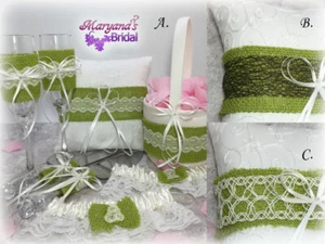 Burlap Lace Ivory Green Moss Ring Pillow Holder & Flower Girl Basket Wedding Set - Picture 1 of 8