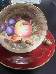 Aynsley Fruit Orchard Fruits Burgundy Teacup Saucer Set - Picture 1 of 10