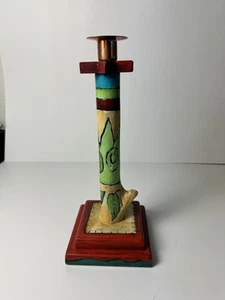 Vintage 2002 Sticks Of Iowa Hand Painted Folk Art Wood 12” Candlestick Holder - Picture 1 of 6