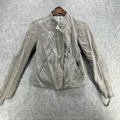 Free People Faux Leather Jacket Women 6 Gray Moto Biker Zip Pocket Distress Read - Image 1 of 4