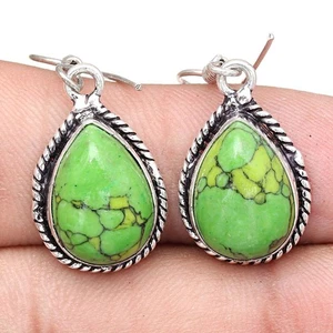 Green Turquoise Gemstone Handmade Gift For Her Silver Jewelry Earrings 1.5" - Picture 1 of 7