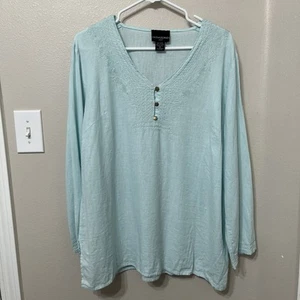 Top túnica mujer Cynthia Rowley 1X mezcla lino azul polvo manga larga - Imagen 1 de 6