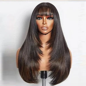 Brown Highlight Layered Human Hair O Scalp Top Full Machine Made Wig With Bangs - Picture 1 of 10