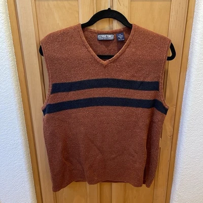 Vintage Structure Rust Brown Navy Stripe Knit Sweater Vest Size Medium - Image 1 of 4