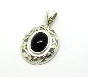 JEZ Jezlaine Cabochon Black ONYX 925 Sterling Silver Filigree Scroll Pendant - Picture 1 of 6