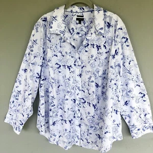 Top Talbots Mujer 24W| 3X Camisa Sin Planchar Azul Blanco Floral Abotonada Costera - Imagen 1 de 12